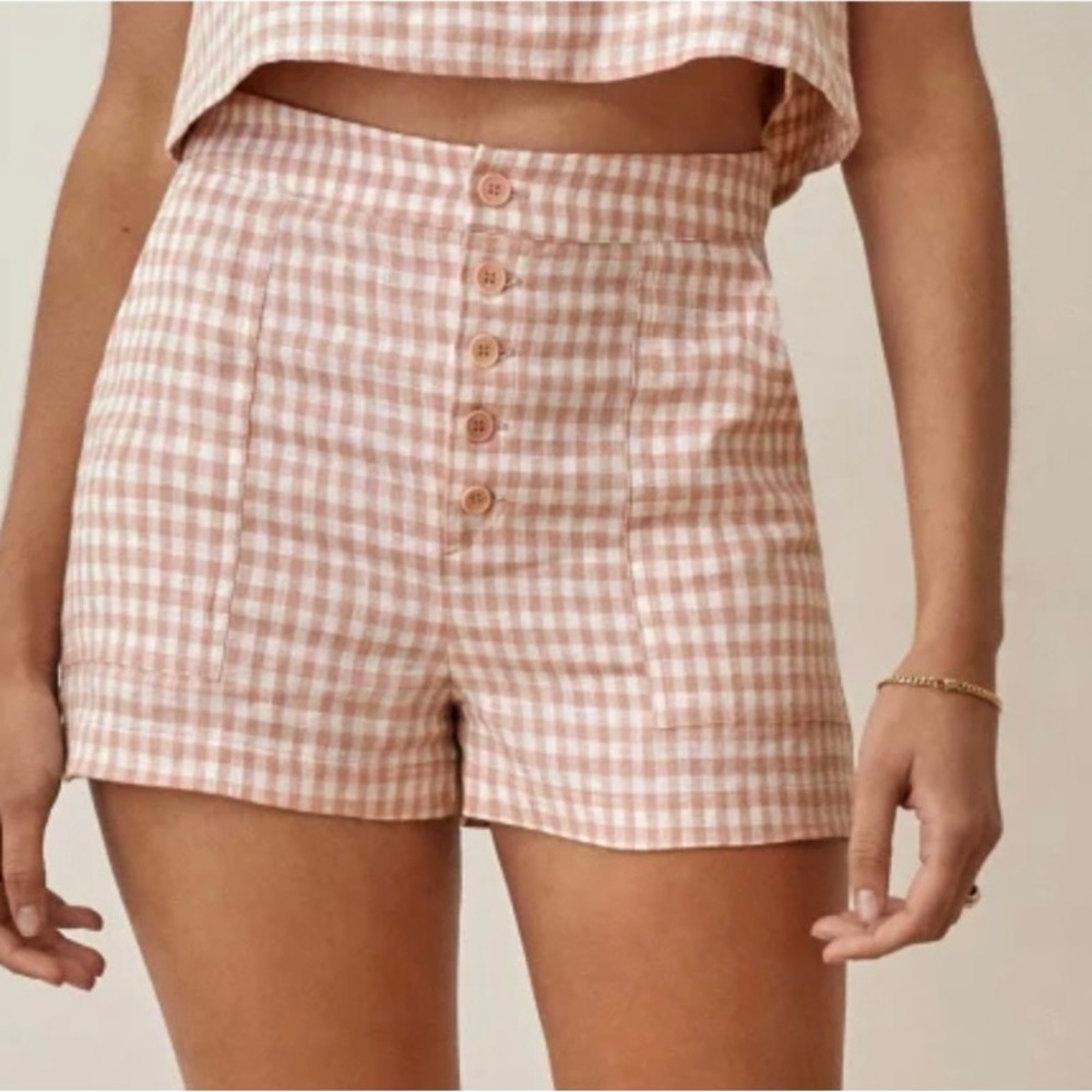 Reformation High Waist Keys Linen Shorts Pink Cream White Blush Check Size 6